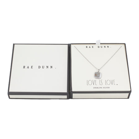 Rae Dunn engraved LOVE IS LOVE square cable chain necklace in rhodium plated sterling silver