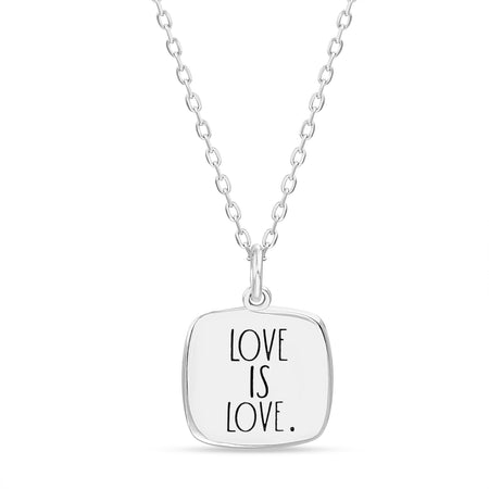 Rae Dunn engraved LOVE IS LOVE square cable chain necklace in rhodium plated sterling silver