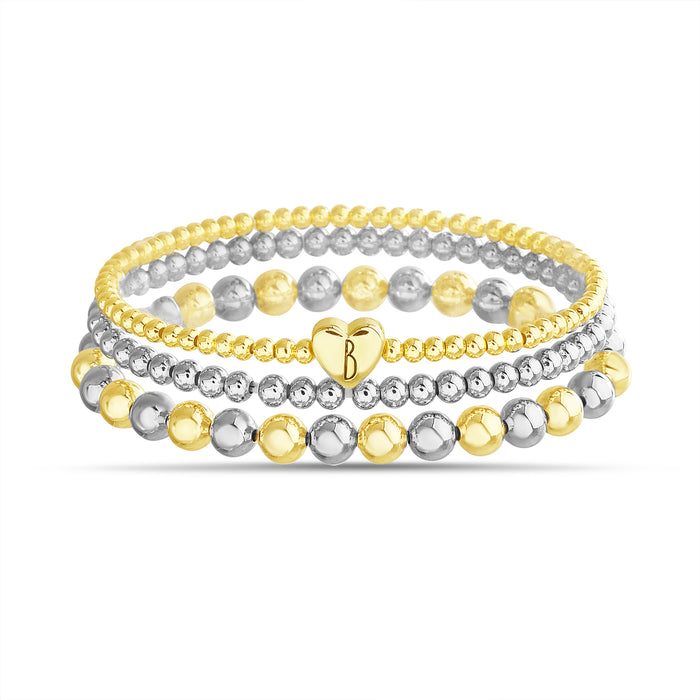 Rae Dunn 2-Tone Initial Heart Charm Beaded Bracelet Set