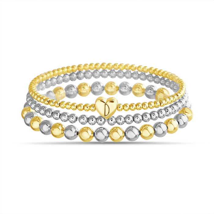 Rae Dunn 2-Tone Initial Heart Charm Beaded Bracelet Set