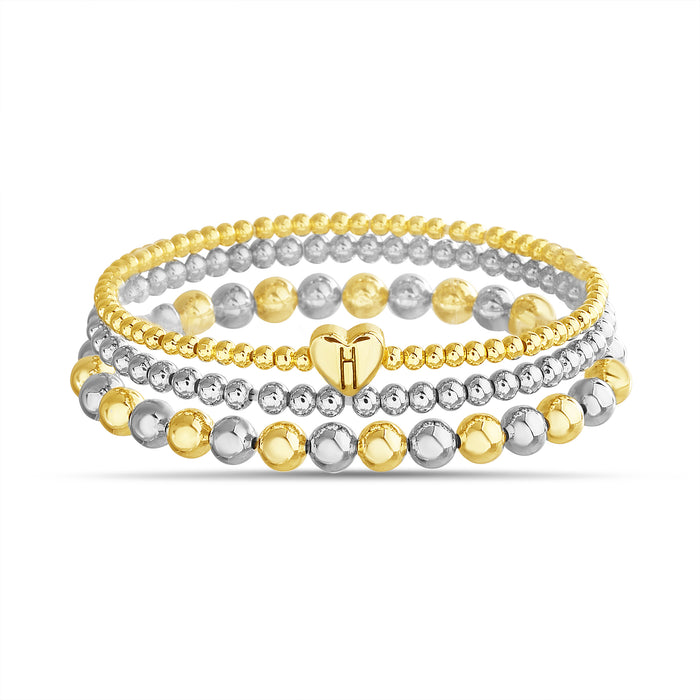 Rae Dunn 2-Tone Initial Heart Charm Beaded Bracelet Set