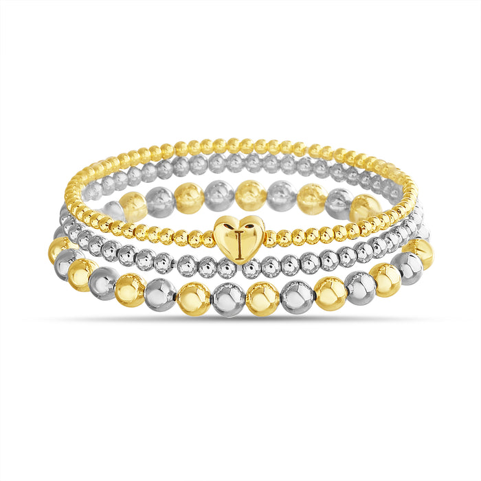 Rae Dunn 2-Tone Initial Heart Charm Beaded Bracelet Set