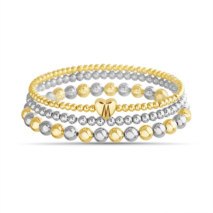 Rae Dunn 2-Tone Initial Heart Charm Beaded Bracelet Set
