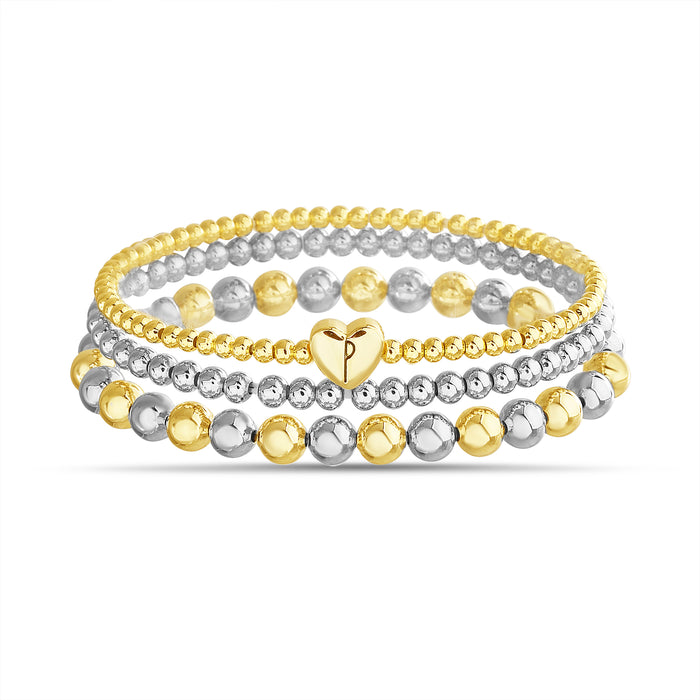 Rae Dunn 2-Tone Initial Heart Charm Beaded Bracelet Set