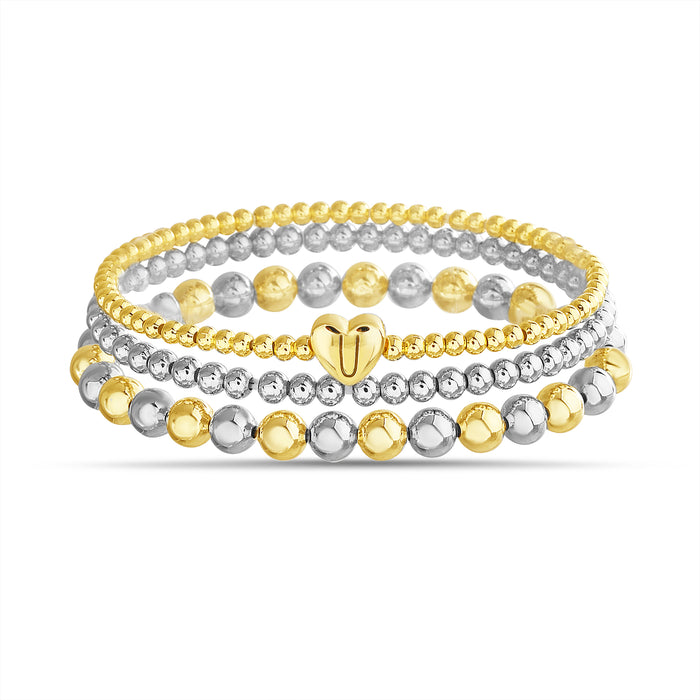Rae Dunn 2-Tone Initial Heart Charm Beaded Bracelet Set