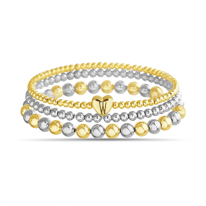 Rae Dunn 2-Tone Initial Heart Charm Beaded Bracelet Set