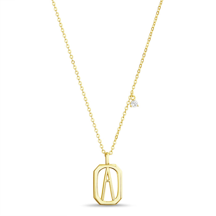 Rae Dunn rectangle initial charm necklace in yellow gold plated brass