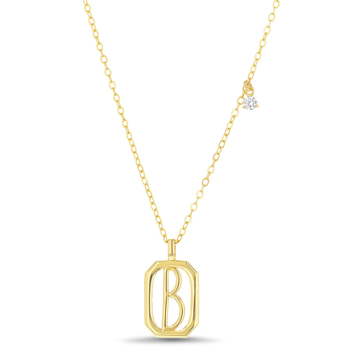 Rae Dunn rectangle initial charm necklace in yellow gold plated brass