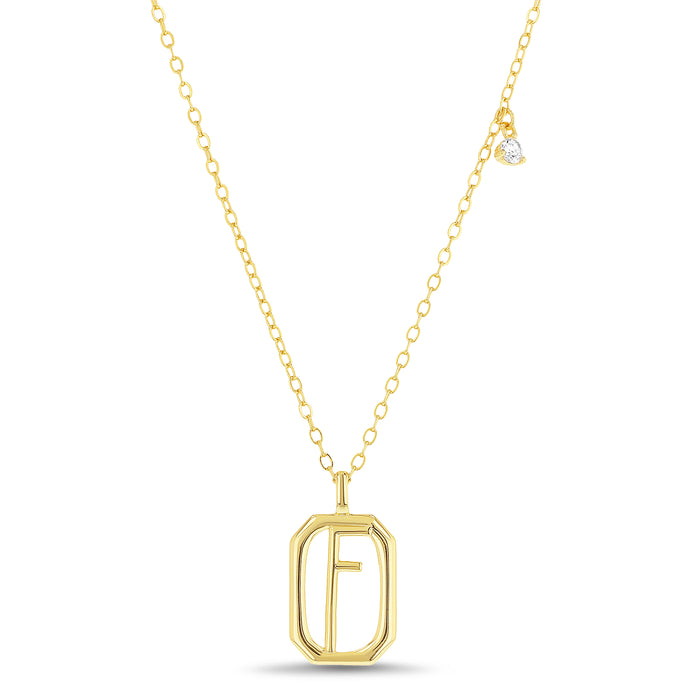 Rae Dunn rectangle initial charm necklace in yellow gold plated brass