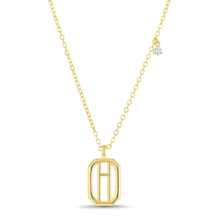 Rae Dunn rectangle initial charm necklace in yellow gold plated brass