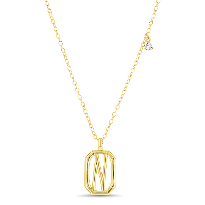 Rae Dunn rectangle initial charm necklace in yellow gold plated brass