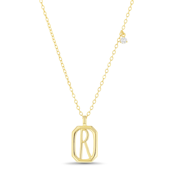 Rae Dunn rectangle initial charm necklace in yellow gold plated brass