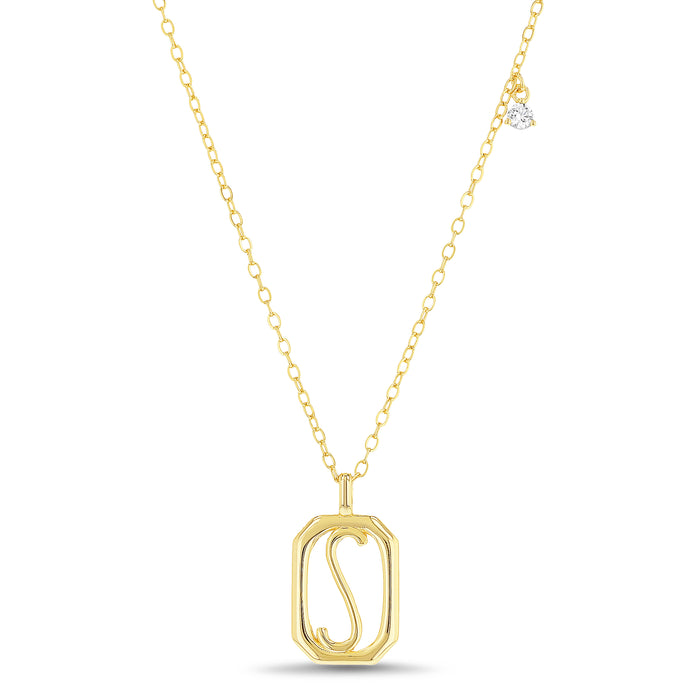 Rae Dunn rectangle initial charm necklace in yellow gold plated brass
