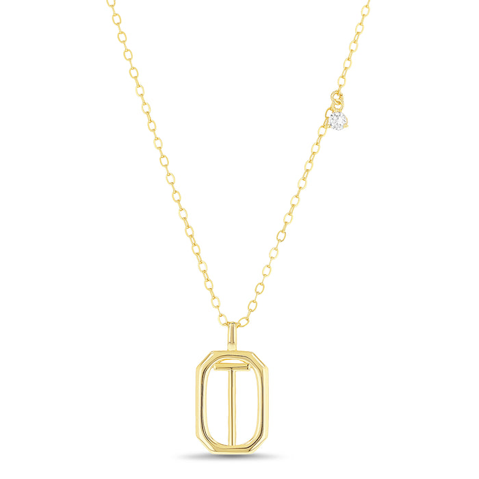Rae Dunn rectangle initial charm necklace in yellow gold plated brass