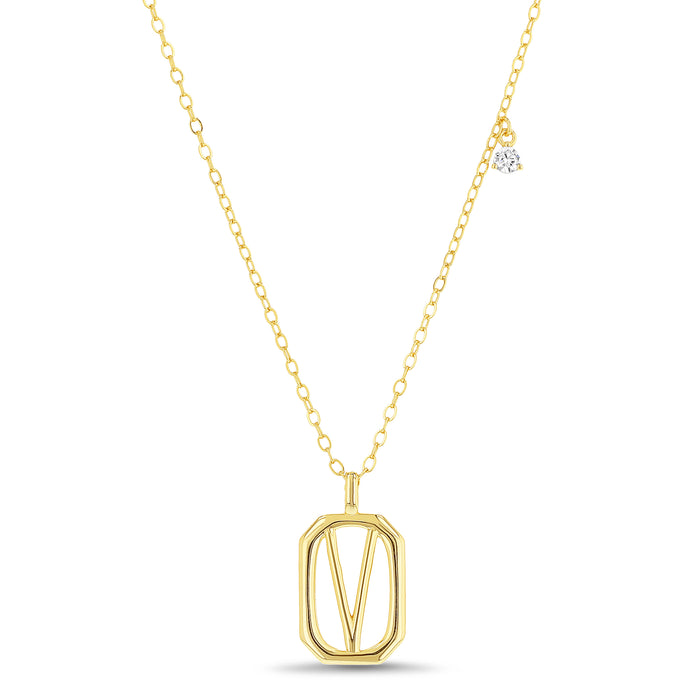 Rae Dunn rectangle initial charm necklace in yellow gold plated brass