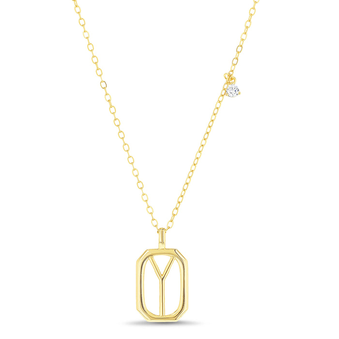 Rae Dunn rectangle initial charm necklace in yellow gold plated brass