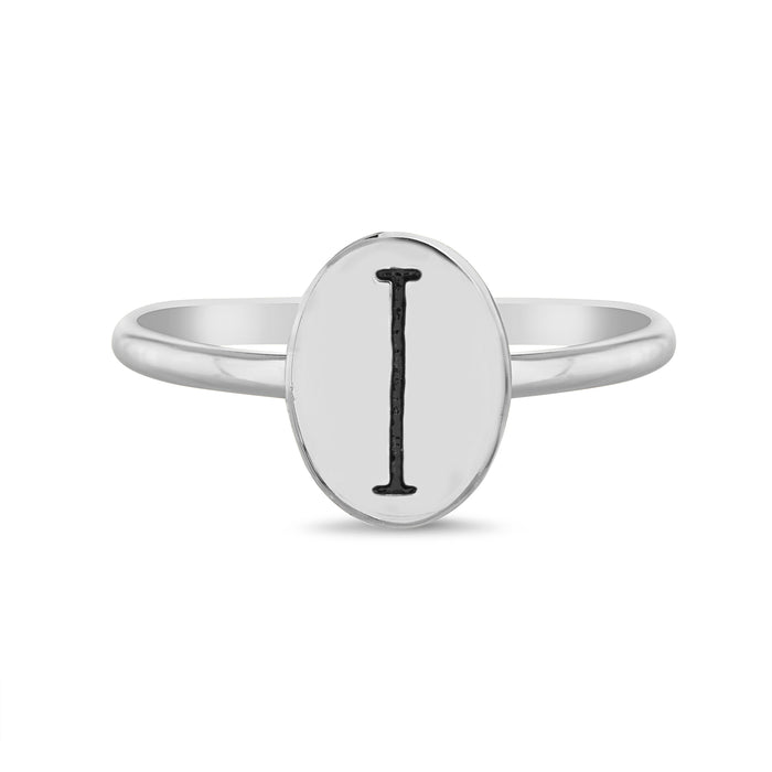 Rae Dunn initial disc ring in rhodium plated brass