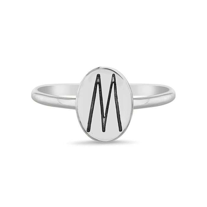 Rae Dunn initial disc ring in rhodium plated brass