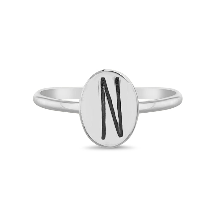 Rae Dunn initial disc ring in rhodium plated brass