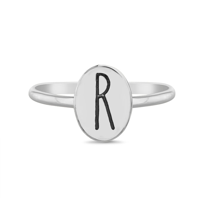 Rae Dunn initial disc ring in rhodium plated brass