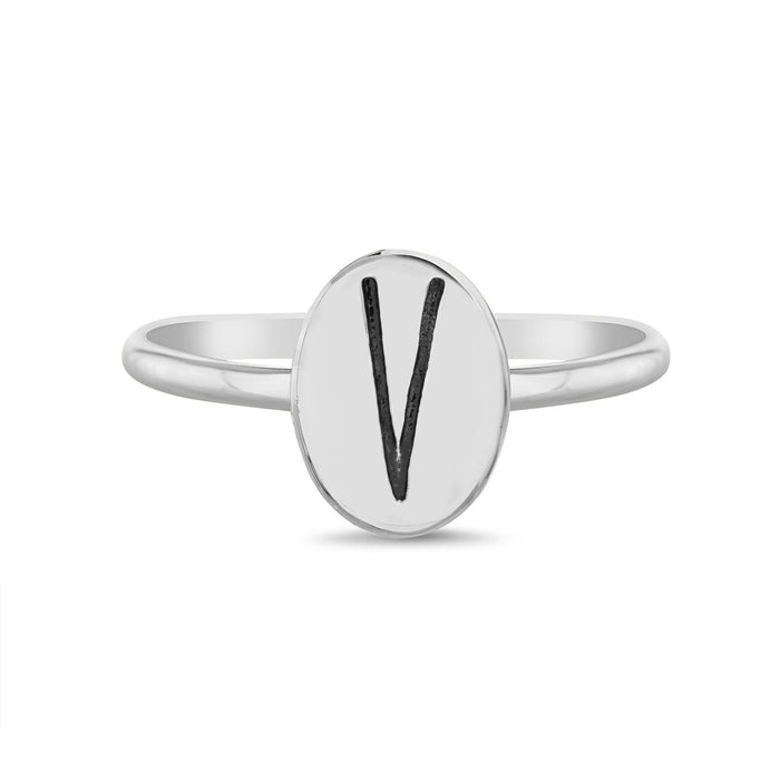 Rae Dunn initial disc ring in rhodium plated brass