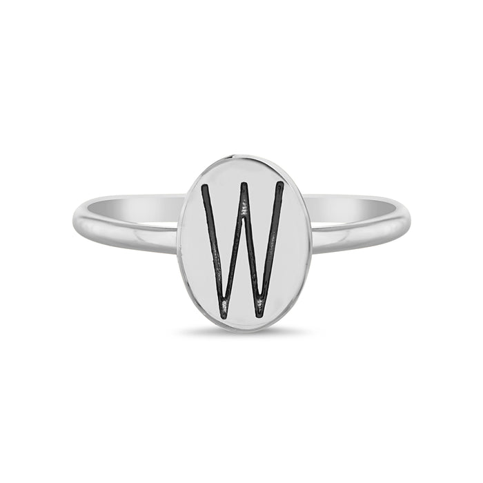 Rae Dunn initial disc ring in rhodium plated brass