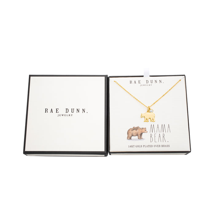 Rae Dunn polished bear necklace in yellow gold plated brass with cubic zirconia in MAMA BEAR  gift box