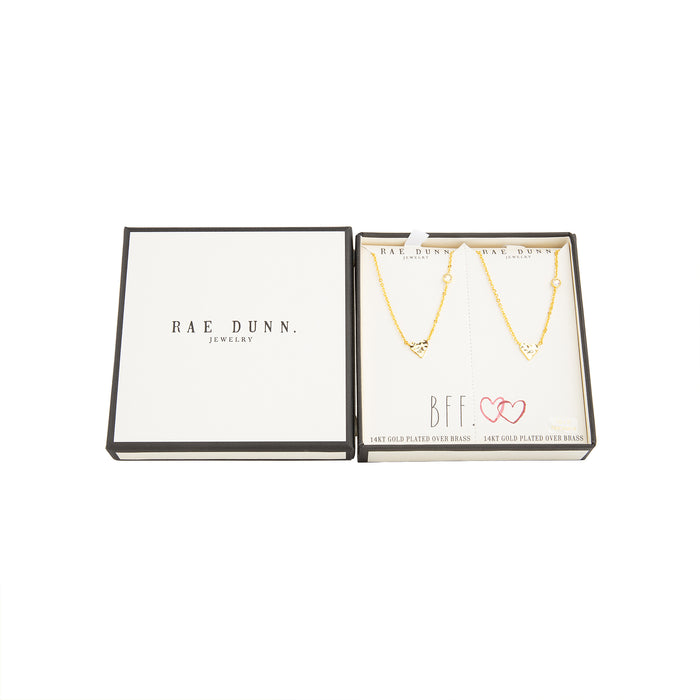 Rae Dunn hearts tear and share duo necklaces in yellow gold plated brass and a BFF gift box