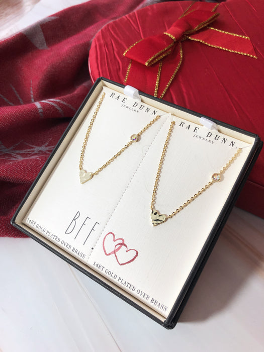 Rae Dunn hearts tear and share duo necklaces in yellow gold plated brass and a BFF gift box