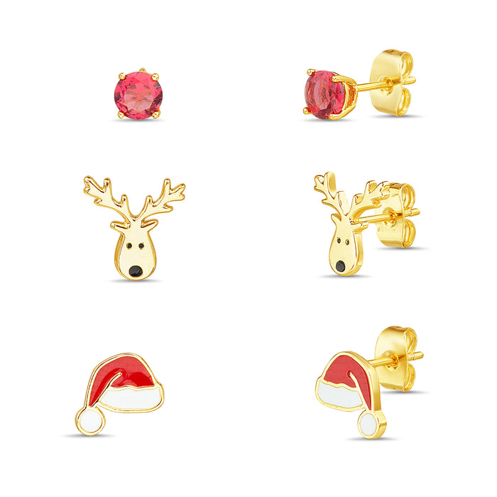 Rae Dunn Christmas earring set in yellow gold plated brass with multicolor enamel and cubic zirconia