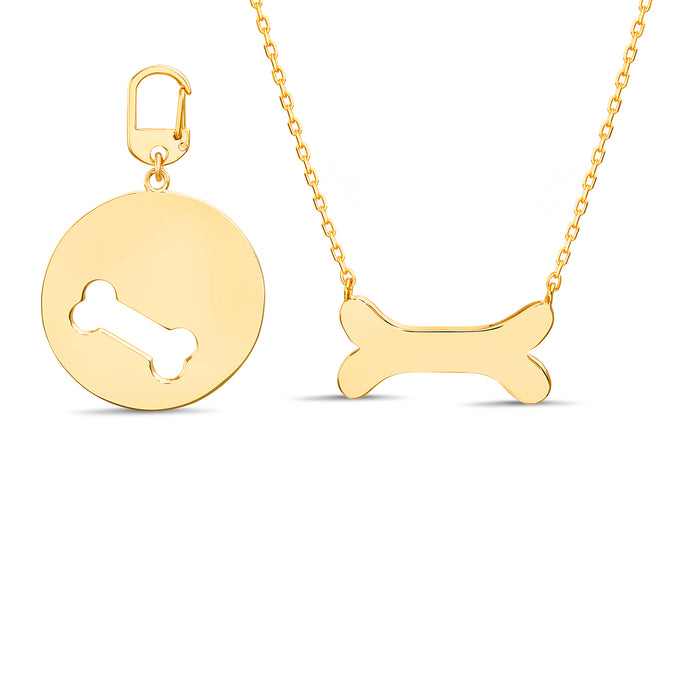 Rae Dunn matching polished bone necklace and open bone dog tag in yellow gold plated brass