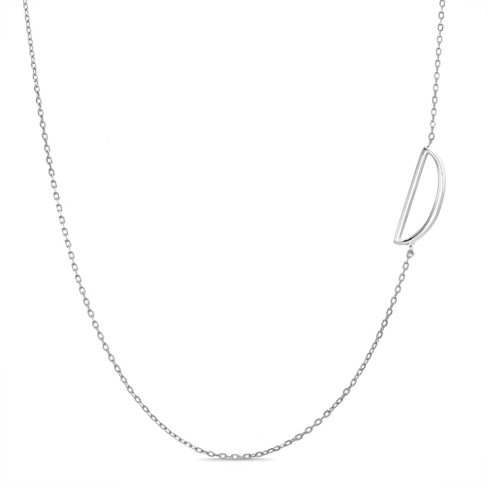 Rae Dunn asymmetrical initial necklace in rhodium plated brass