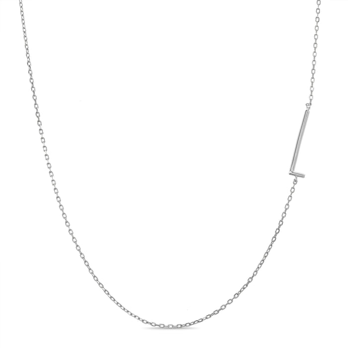 Rae Dunn asymmetrical initial necklace in rhodium plated brass