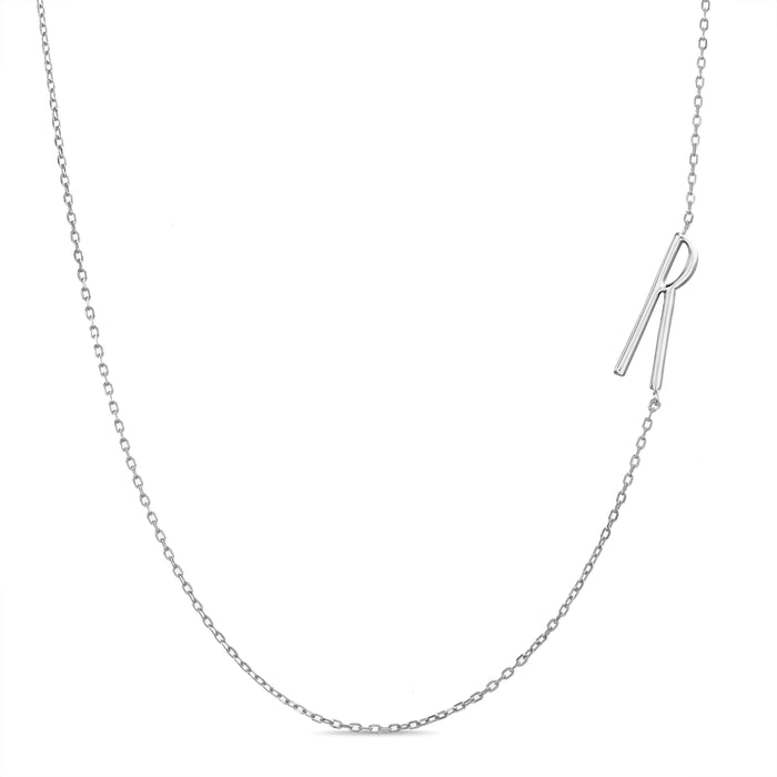 Rae Dunn asymmetrical initial necklace in rhodium plated brass