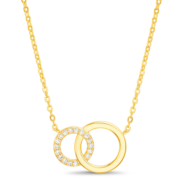 Rae Dunn Double Interlocked Rings Necklace in Yellow Gold Plated Brass with Cubic Zirconia