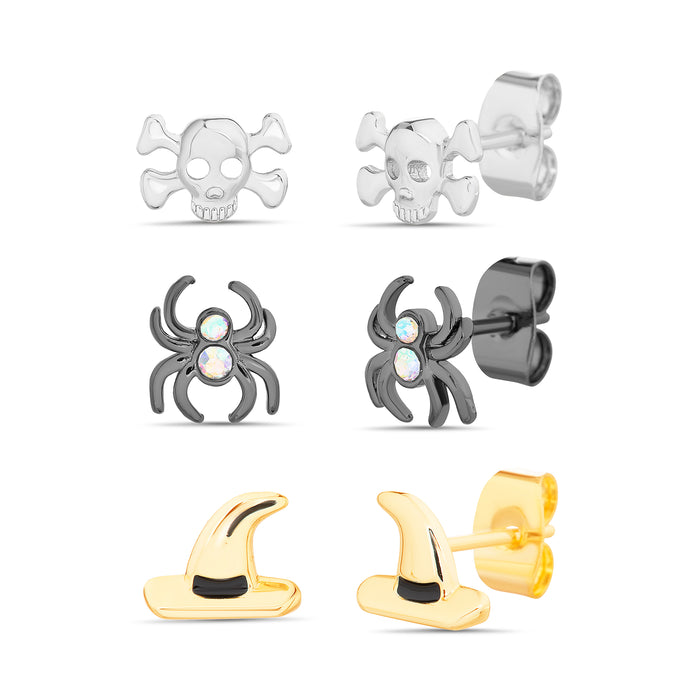 Rae Dunn polished hat spider and skull trio earring set in two tone plated brass with cubic zirconia