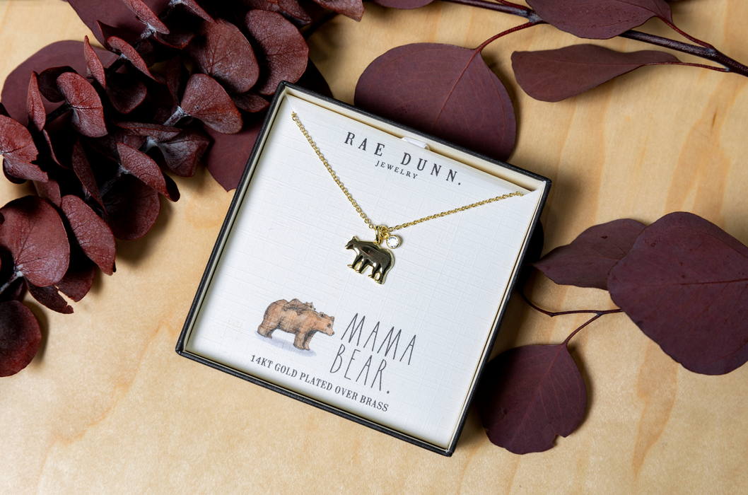 Rae Dunn polished bear necklace in yellow gold plated brass with cubic zirconia in MAMA BEAR  gift box