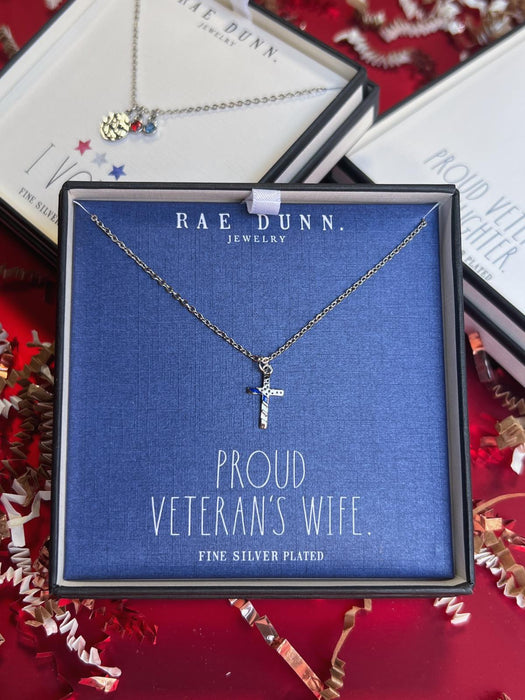 Rae Dunn striped cross necklace in fine silver plated brass with cubic zironia and enamel in a PROUD VETERAN WIFE box