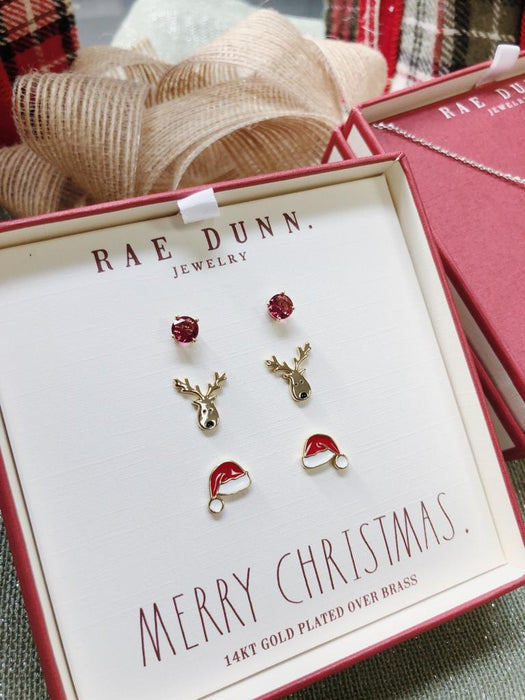 Rae Dunn Christmas earring set in yellow gold plated brass with multicolor enamel and cubic zirconia