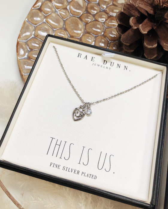 Rae Dunn family necklace in fine silver plated brass with cubic zirconia in a THIS IS US gift box